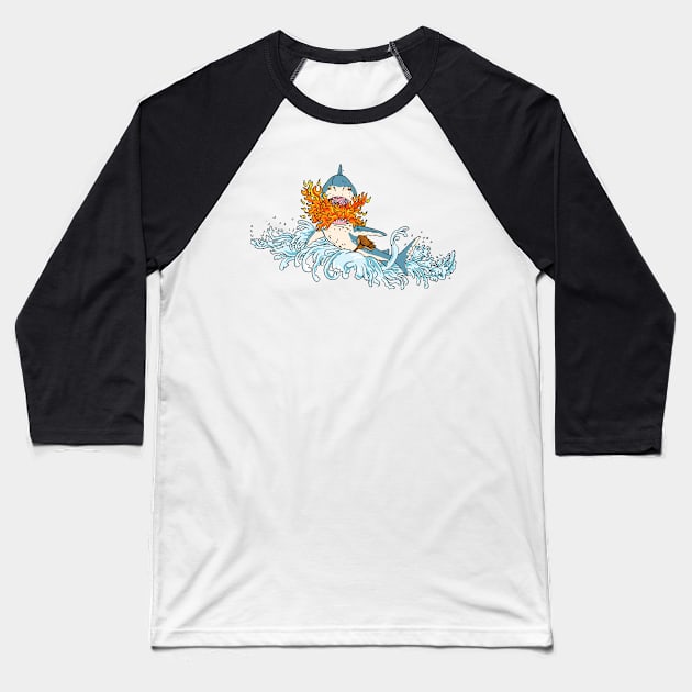 Great White Shark Breathing Fire Wearing Saddle Jumping with Waves Vintage Tattoo Style Baseball T-Shirt by patrimonio